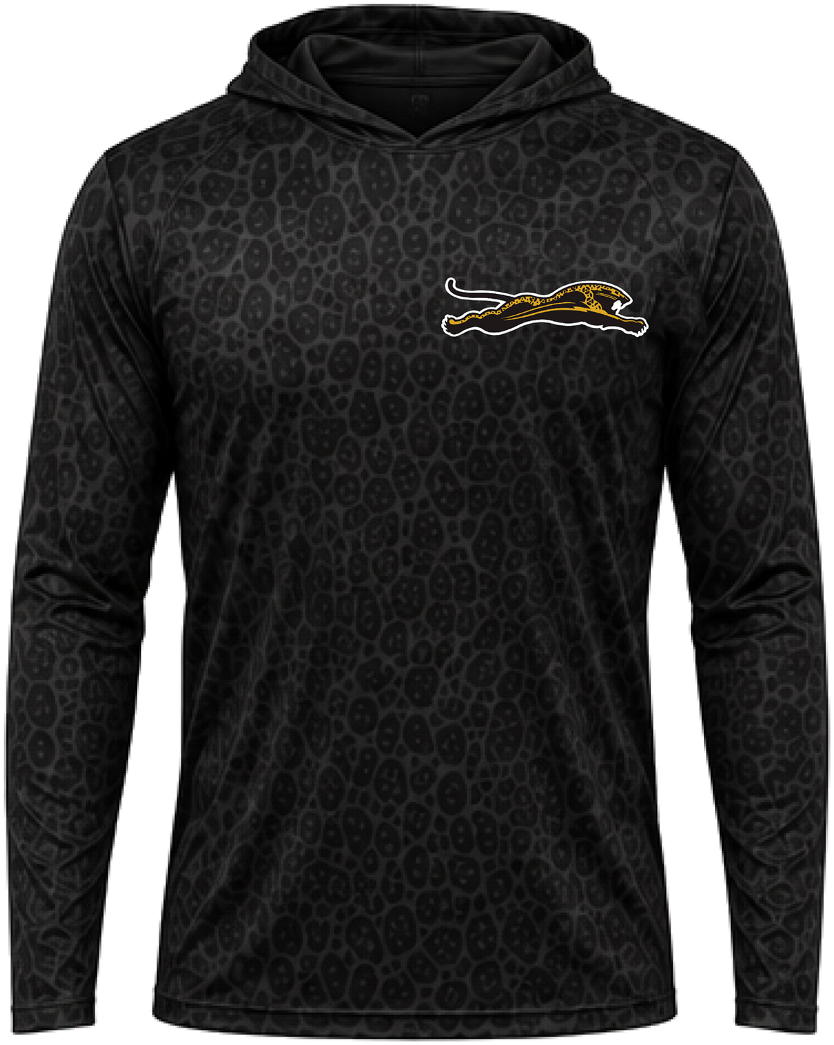 Black hooded performance long sleeve, front view, gold leaping jaguar chest print on black-on-black leopard-texture knit