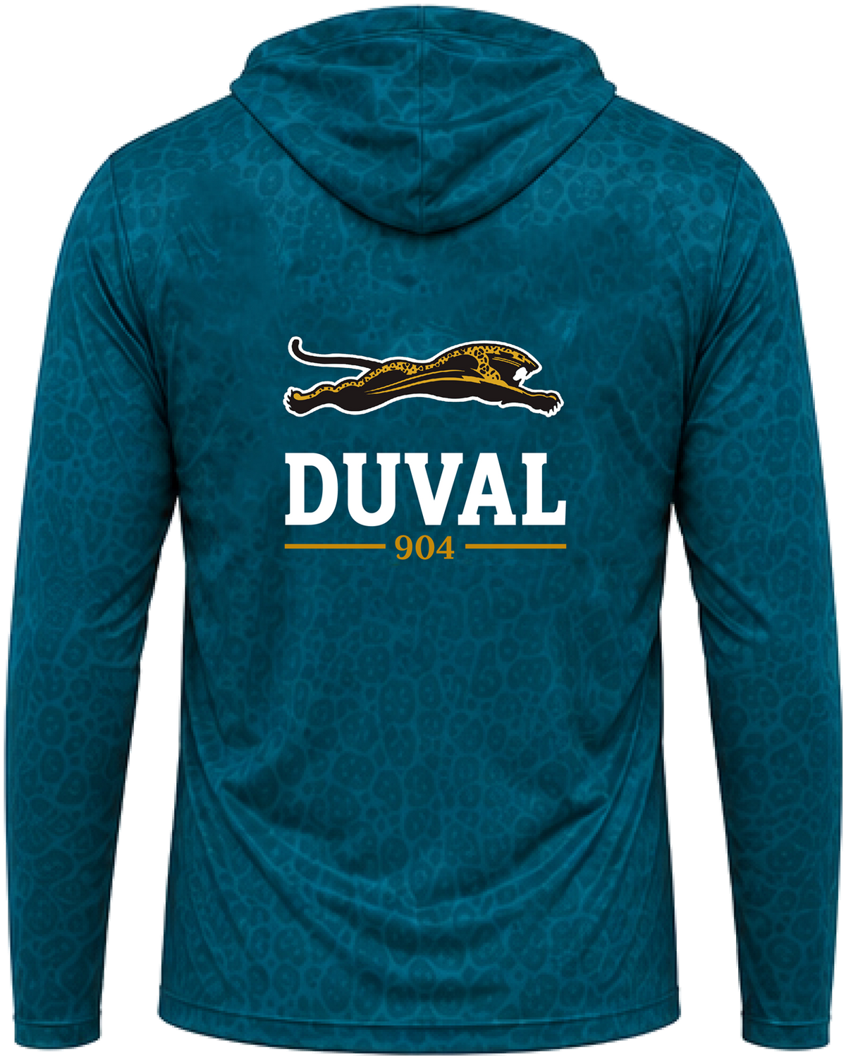Teal hooded performance long sleeve, back view, leaping jaguar above DUVAL and 904 in gold on leopard-texture knit