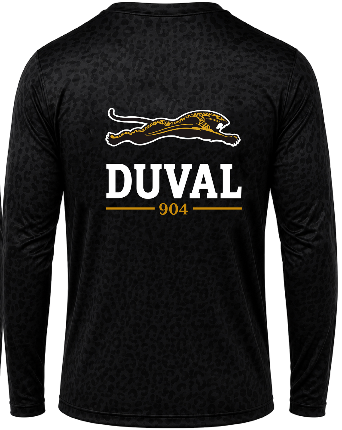 Black performance long sleeve, back view, leaping jaguar above DUVAL and 904 on black leopard-texture knit