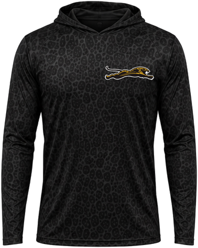 Black hooded performance long sleeve, front view, gold leaping jaguar chest print on black-on-black leopard-texture knit