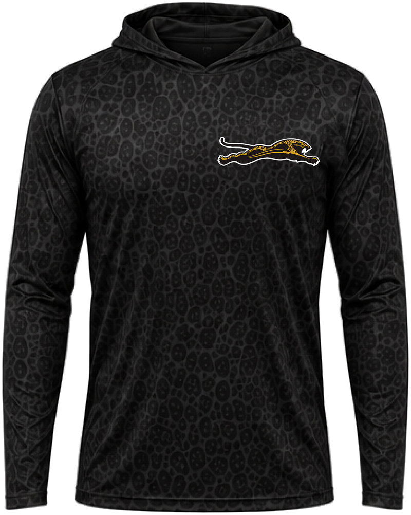 Black hooded performance long sleeve, front view, gold leaping jaguar chest print on black-on-black leopard-texture knit