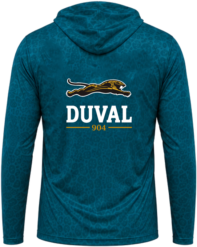 Teal hooded performance long sleeve, back view, leaping jaguar above DUVAL and 904 in gold on leopard-texture knit