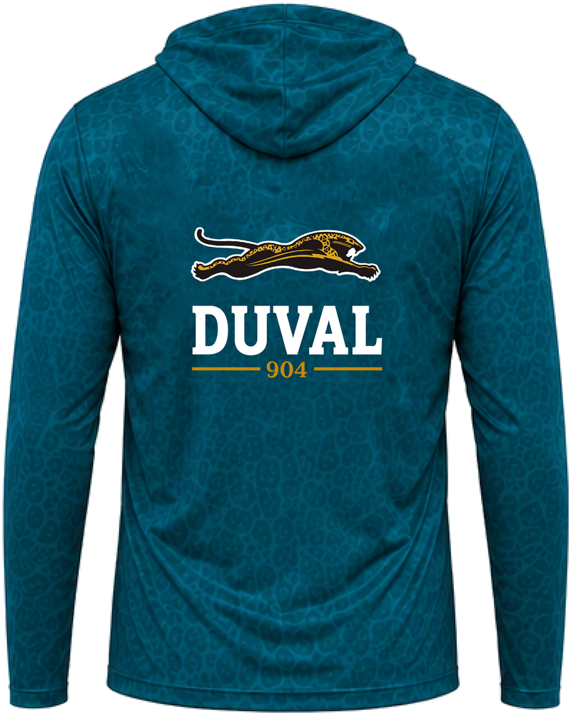 Teal hooded performance long sleeve, back view, leaping jaguar above DUVAL and 904 in gold on leopard-texture knit
