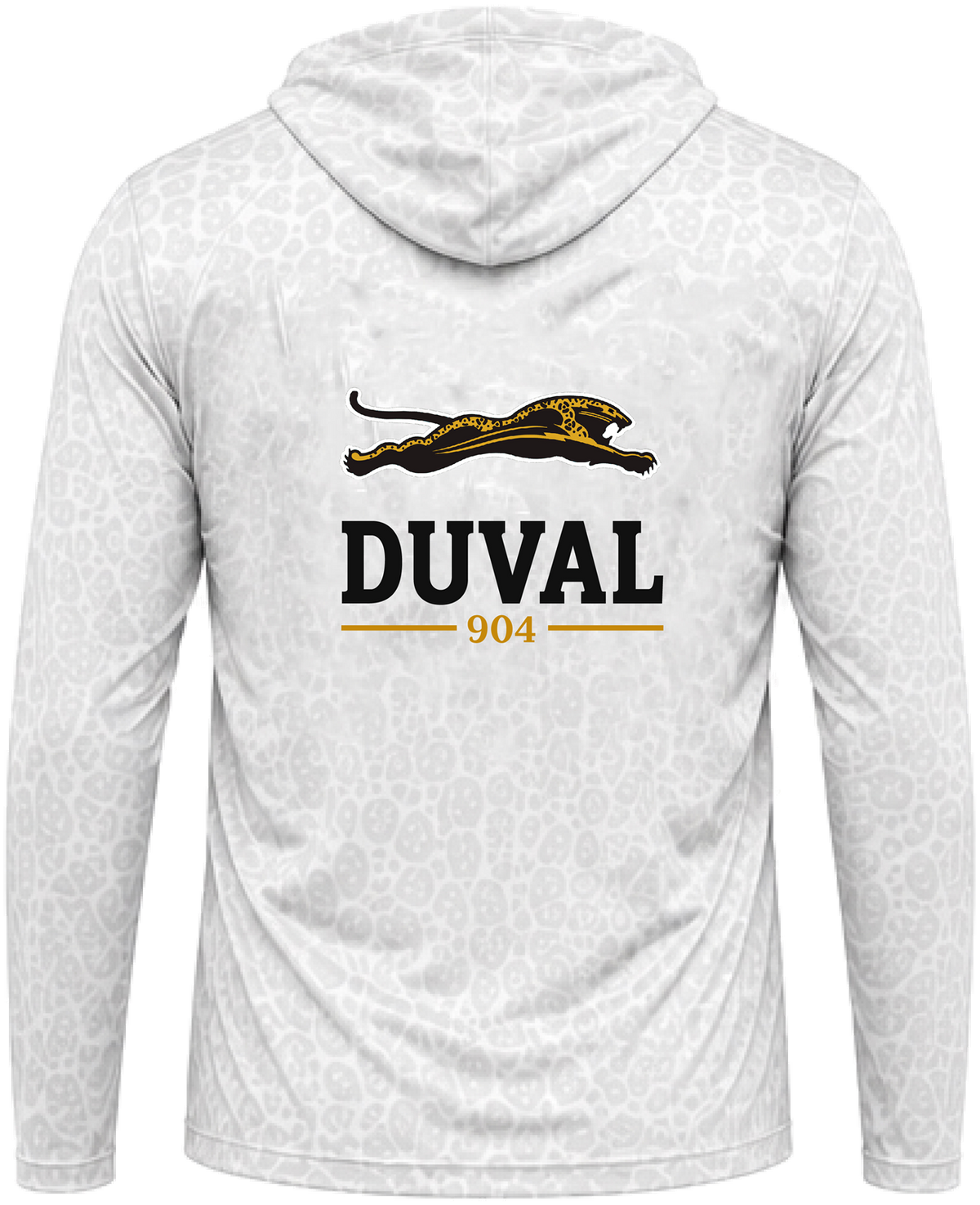 White hooded performance long sleeve, back view, leaping jaguar above DUVAL and 904 on white leopard-texture knit