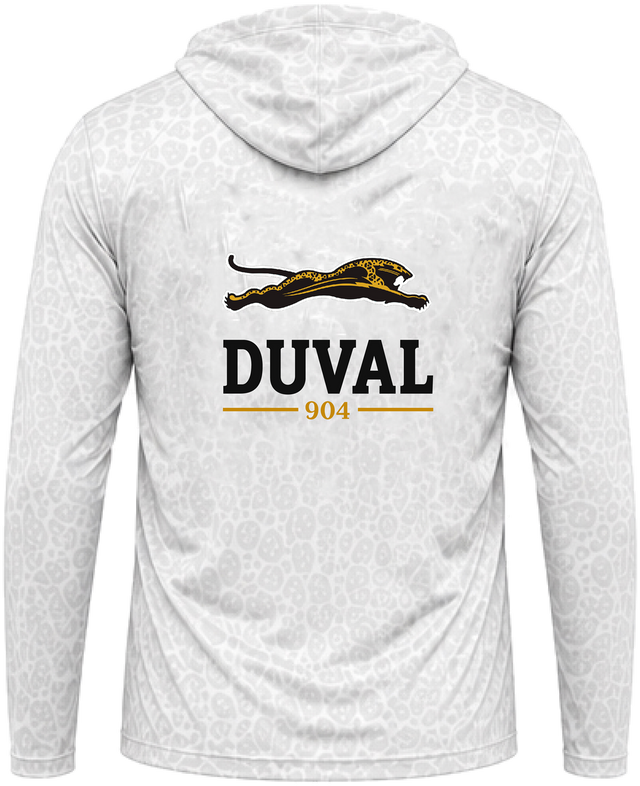 White hooded performance long sleeve, back view, leaping jaguar above DUVAL and 904 on white leopard-texture knit