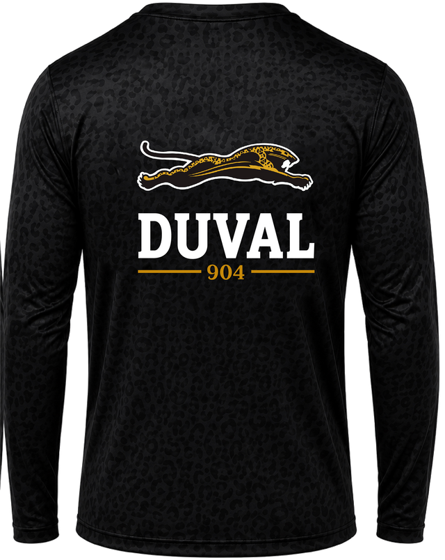 Black performance long sleeve, back view, leaping jaguar above DUVAL and 904 on black leopard-texture knit