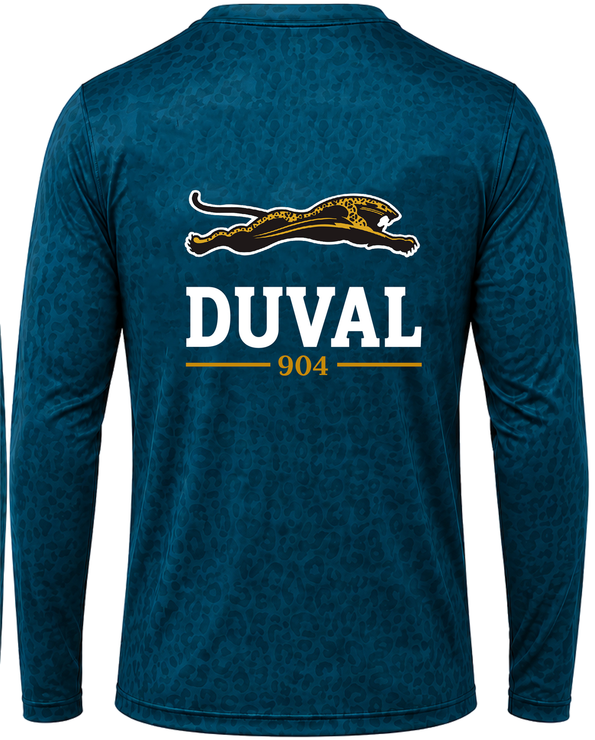 Teal performance long sleeve, back view, leaping jaguar above DUVAL and 904 in gold on leopard-texture knit