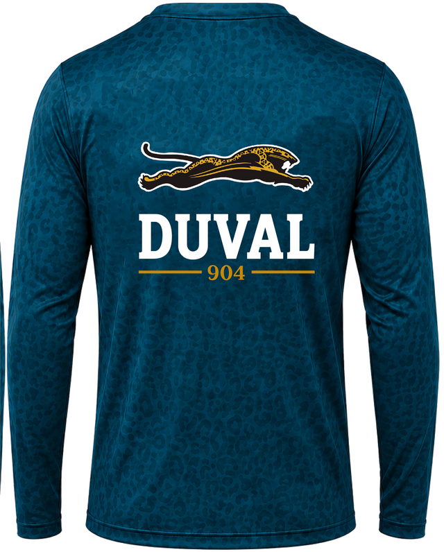Teal performance long sleeve, back view, leaping jaguar above DUVAL and 904 in gold on leopard-texture knit