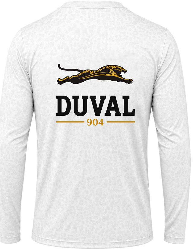 White performance long sleeve, back view, leaping jaguar above DUVAL and 904 on white leopard-texture knit